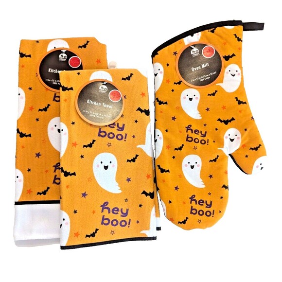 Hey Boo Ghosts Bats Kitchen Towels Oven Mitt Orange Reverse Black 3pc Gift NEW - Picture 1 of 4